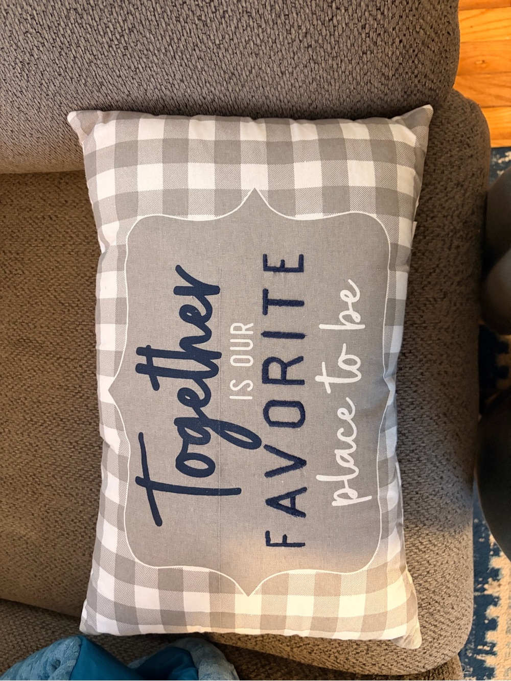 Gray Plaid Decorative Pillow - "Together is Our Favorite Place to Be"